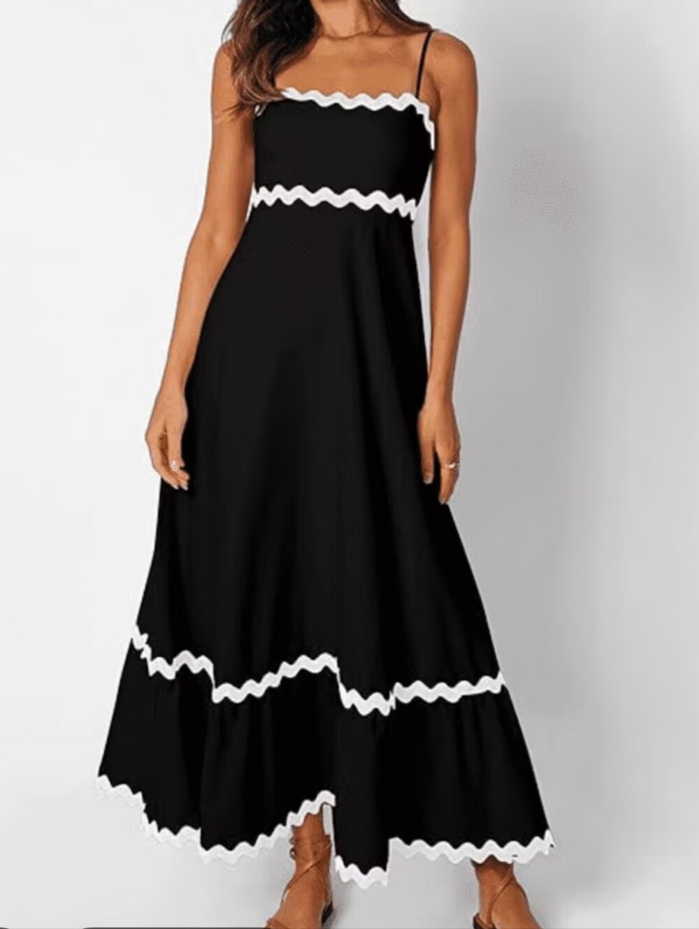 KIRUNDO Black Dress with White Ric Rac Trim Spaguetti Straps Sz L